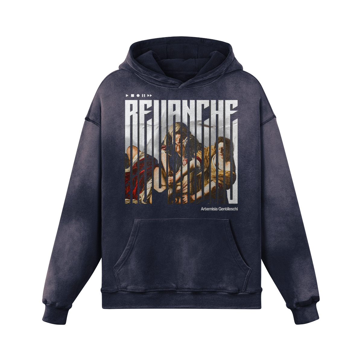 Hoodie bleu gris REVANCHE délavé à la neige inspiré du tableau  d’Artemisia Gentileschi, graphic comics recto visible, EPIC VERSION, designed by G-MAJ streetwear vintage PTN* de t-shirt  sur fond blanc