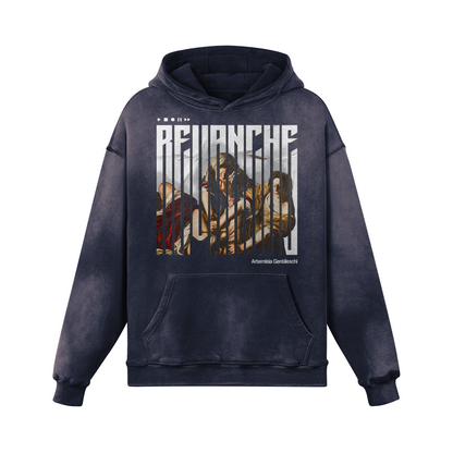 Hoodie bleu gris REVANCHE délavé à la neige inspiré du tableau  d’Artemisia Gentileschi, graphic comics recto visible, EPIC VERSION, designed by G-MAJ streetwear vintage PTN* de t-shirt  sur fond blanc