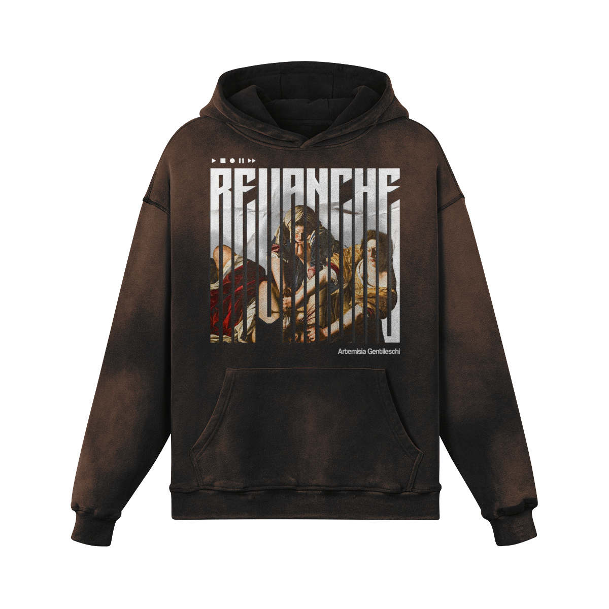 Hoodie marron REVANCHE inspiré du tableau  d’Artemisia Gentileschi, graphic comics recto visible, EPIC VERSION, designed by G-MAJ streetwear vintage PTN* de t-shirt  sur fond blanc