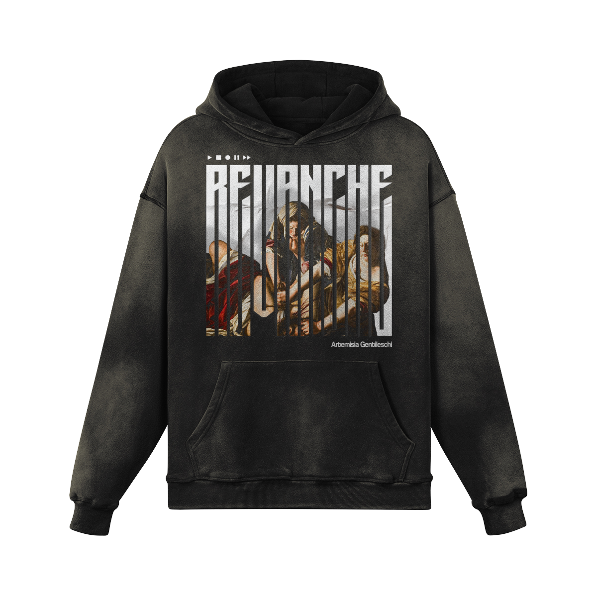 Hoodie noir REVANCHE inspiré du tableau  d’Artemisia Gentileschi, graphic comics recto visible, EPIC VERSION, designed by G-MAJ streetwear vintage PTN* de t-shirt  sur fond blanc