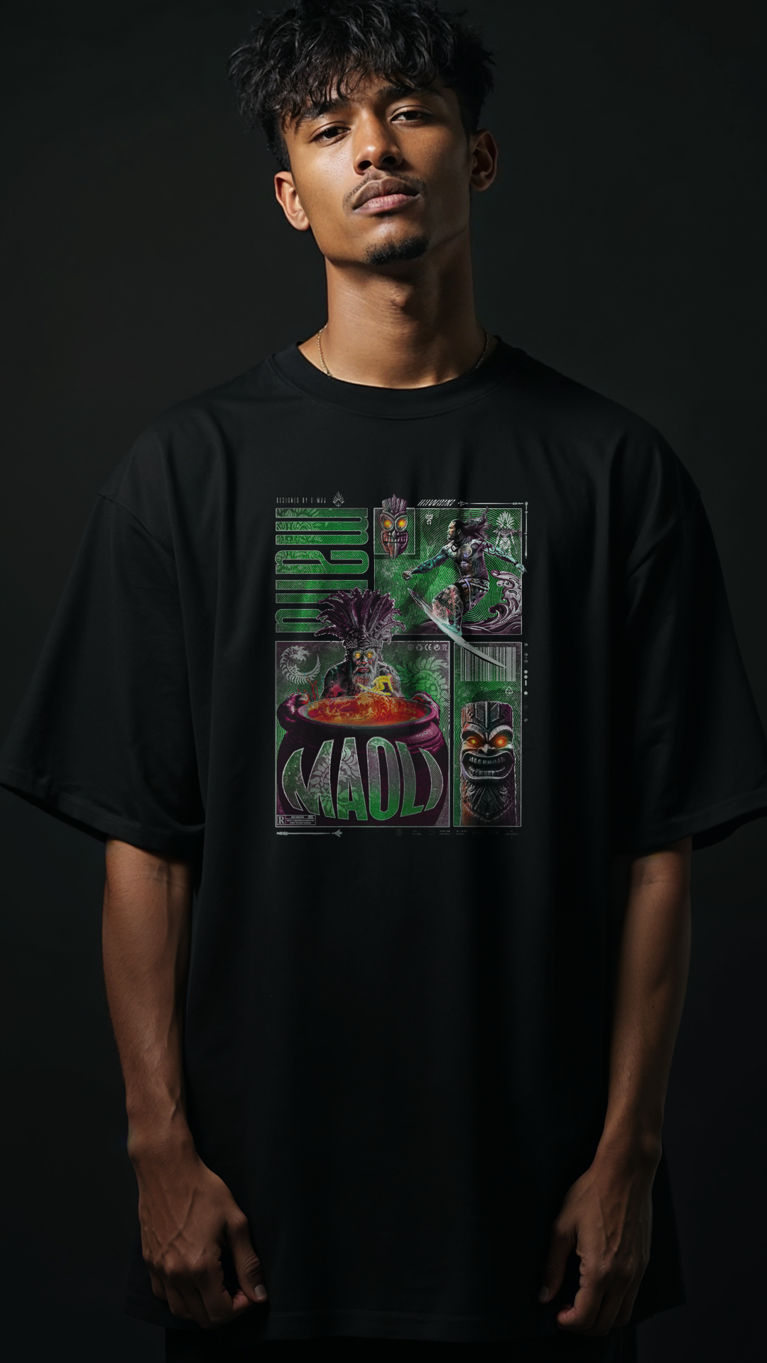 T-shirt noir oversize MAOLI porté design brutaliste surf Hawaii culture Maoli hommage peuple hawaïen vague vert PTN DE T-SHIRT