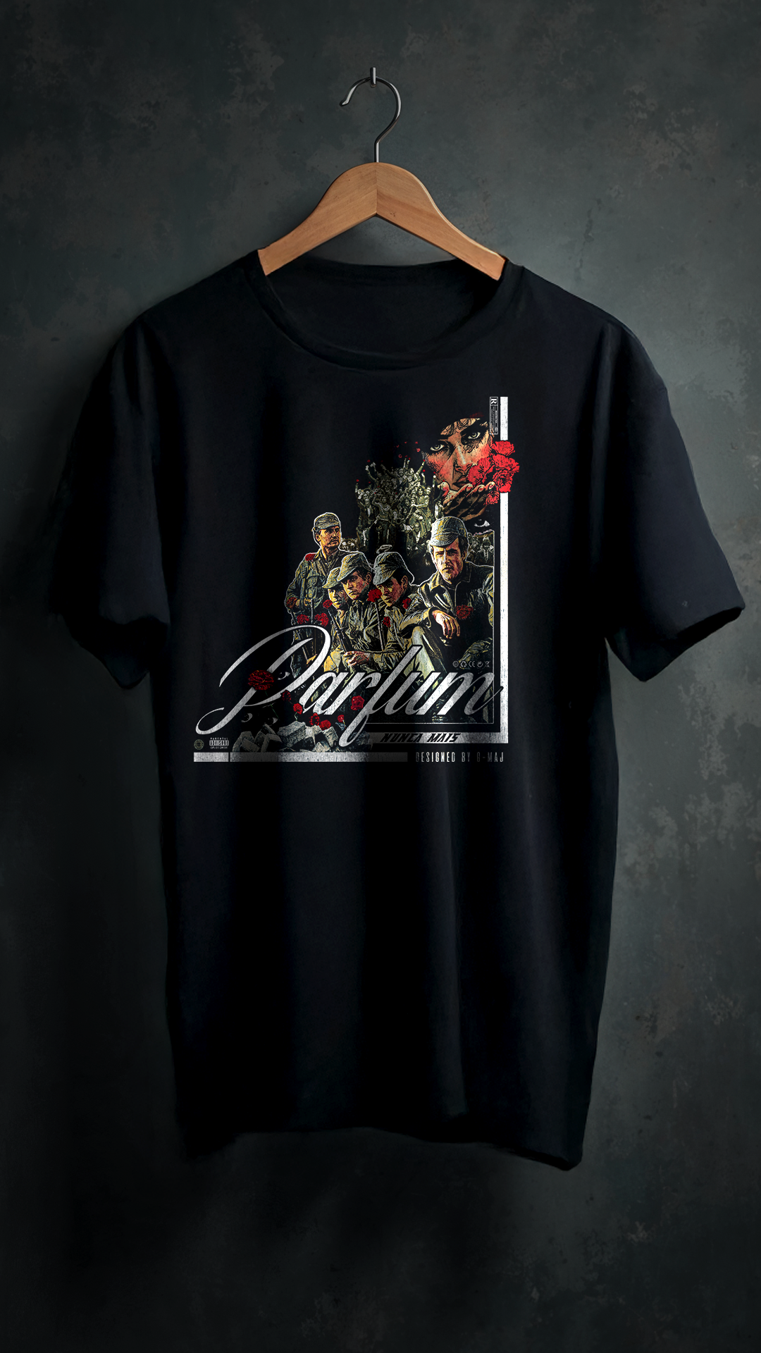 T-shirt noir oversize PARFUM design brutaliste révolution des œillets Portugal 1974 liberté fleurs résistance cintre coton biologique PTN DE T-SHIRT