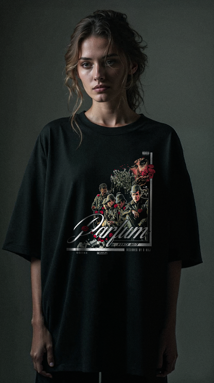T-shirt noir oversize PARFUM porté design brutaliste révolution des œillets Portugal 1974 liberté résistance pacifique PTN DE T-SHIRT