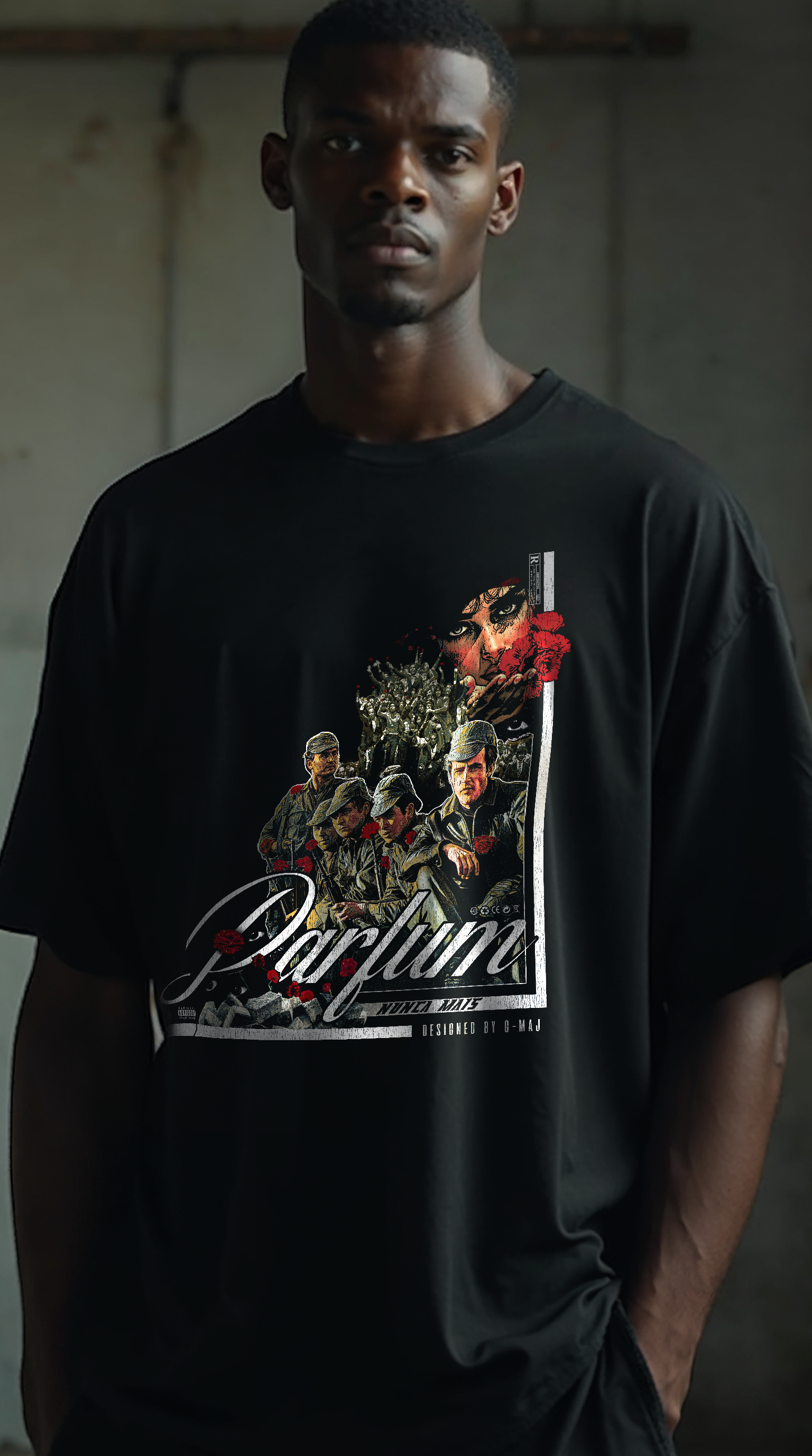 T-shirt noir oversize PARFUM porté homme design brutaliste révolution des œillets Portugal 1974 liberté résistance pacifique PTN DE T-SHIRT