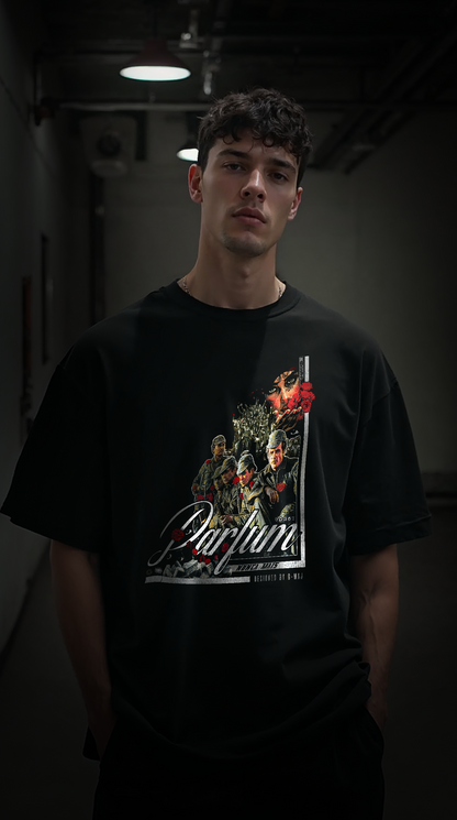 T-shirt noir oversize PARFUM porté par jeune homme design brutaliste révolution des œillets Portugal 1974 liberté résistance pacifique PTN DE T-SHIRT