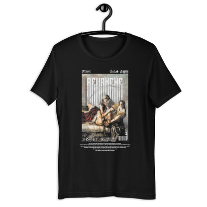 T-shirt noir REVANCHE inspiré du tableau d’Artemisia Gentileschi vu de face avec graphic imprimé sur le devant, ambiance cinématographique, style streetwear vintage mockup fond blanc designed by g maj