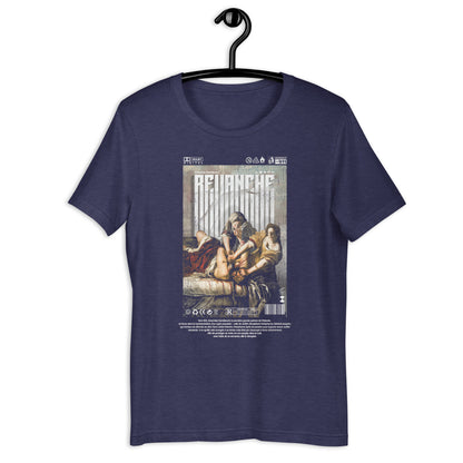 T-shirt blue navy REVANCHE inspiré du tableau d’Artemisia Gentileschi vu de face avec graphic imprimé sur le devant, ambiance cinématographique, style streetwear vintage mockup fond blanc designed by g maj