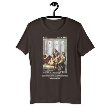 T-shirt marron REVANCHE inspiré du tableau d’Artemisia Gentileschi vu de face avec graphic imprimé sur le devant, ambiance cinématographique, style streetwear vintage mockup fond blanc designed by g maj
