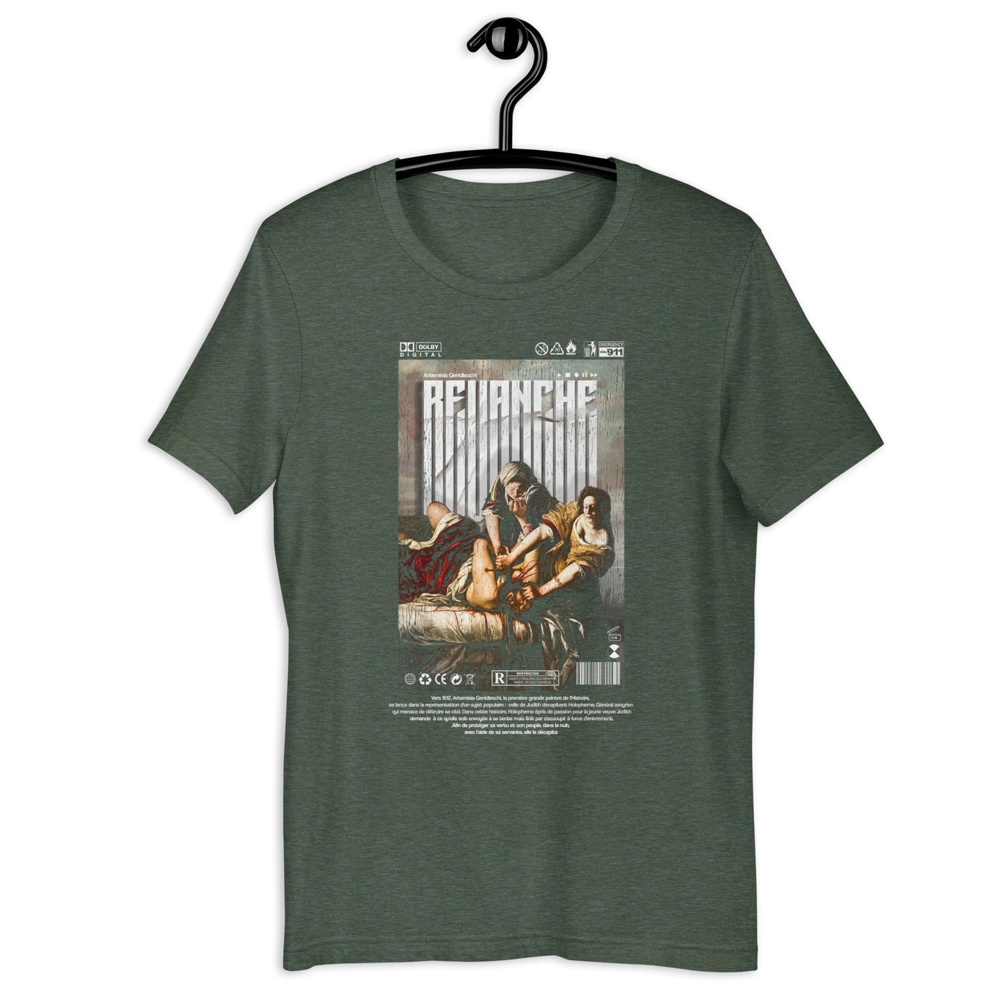 T-shirt vert foncé REVANCHE inspiré du tableau d’Artemisia Gentileschi vu de face avec graphic imprimé sur le devant, ambiance cinématographique, style streetwear vintage mockup fond blanc designed by g maj