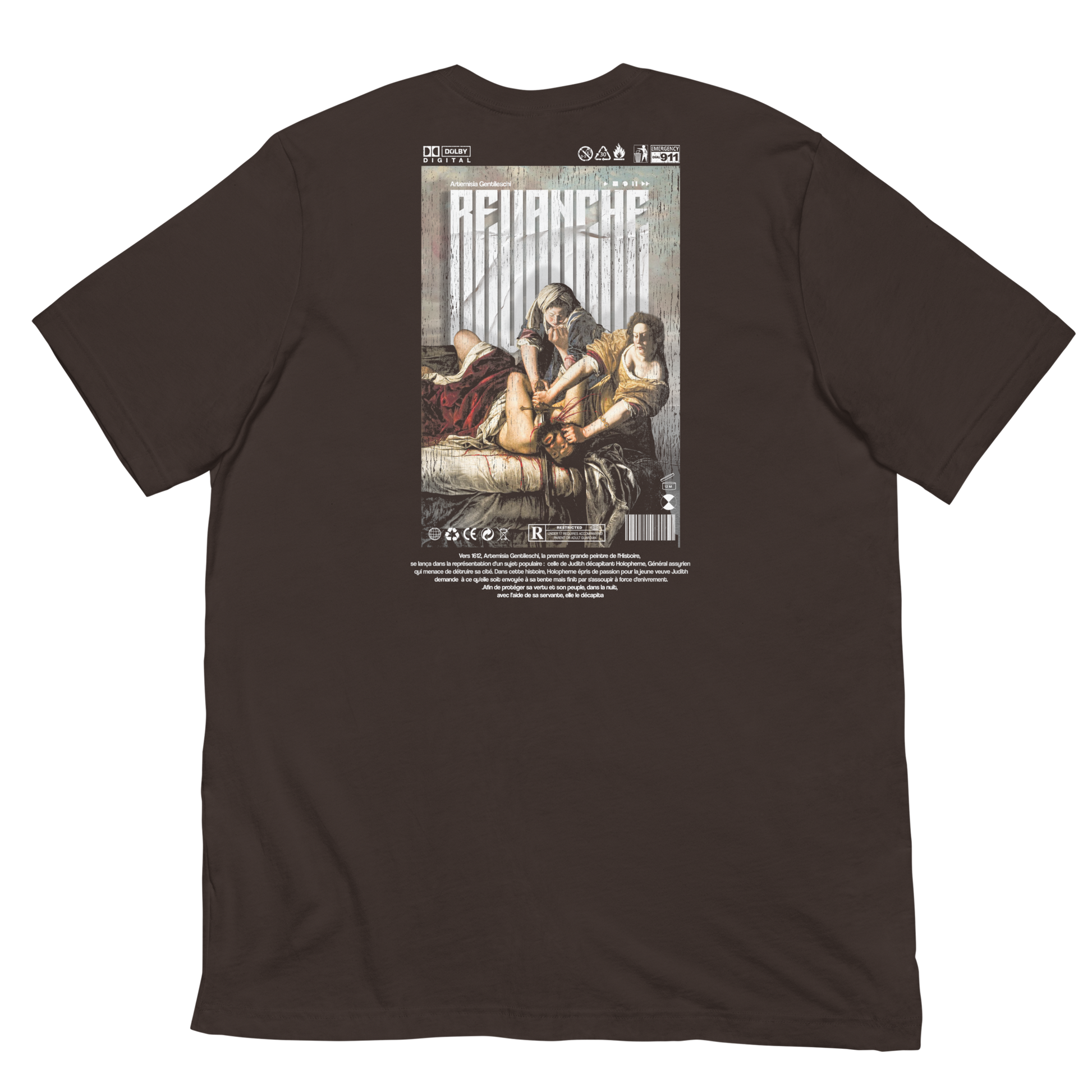 T-shirt gris asphalt Revenge verso Inspiré du tableau d'Artemisia Gentileschi – Streetwear baroque brutaliste histoire féministe – Artwork Renaissance moderne – Designed by G-mag – PTN* de t-shirt mockup