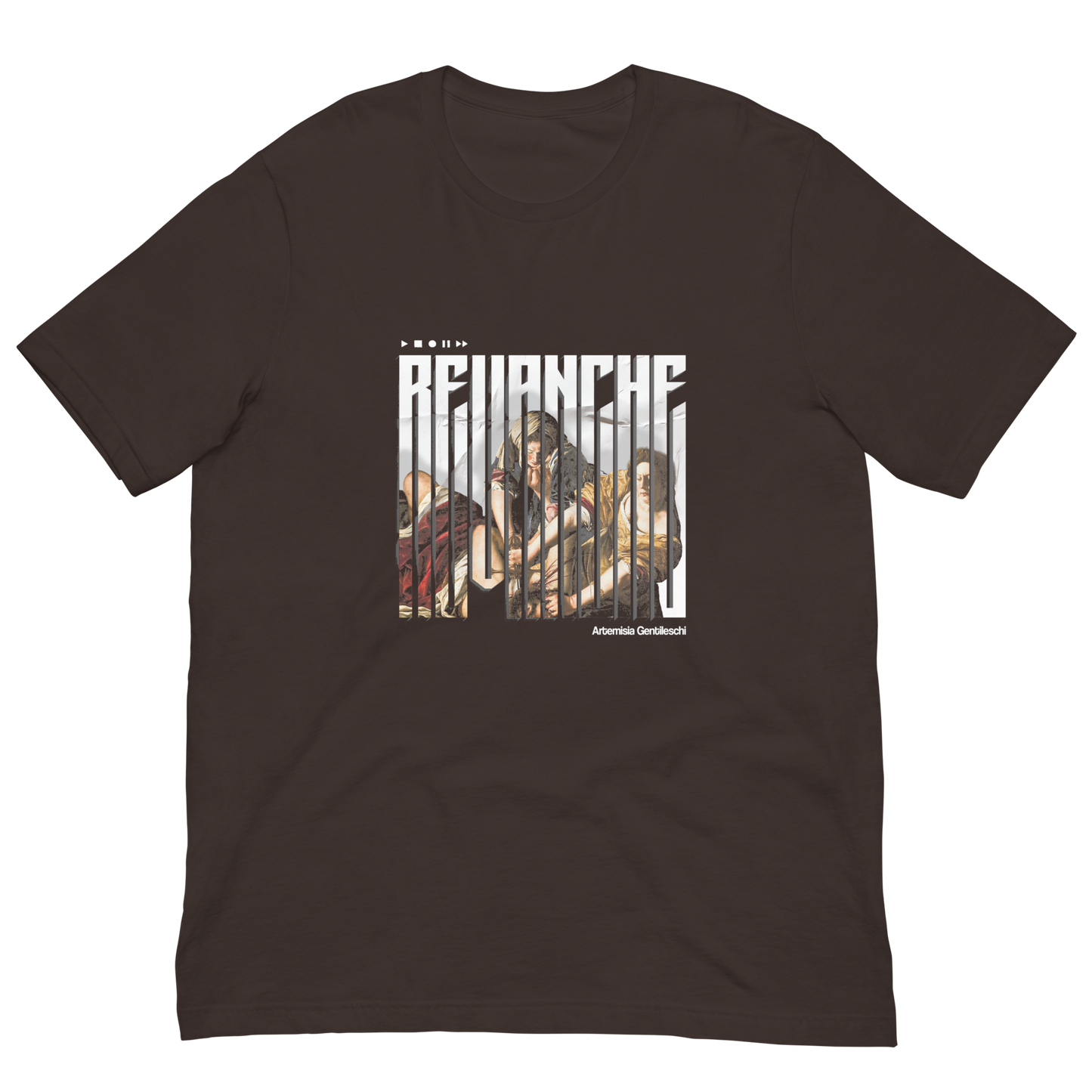 T-shirt revanche marron Revenge recto-Inspiré du tableau d'Artemisia Gentileschi – Streetwear baroque brutaliste histoire féministe – Artwork Renaissance moderne – Designed by G-mag – PTN* de t-shirt mockup