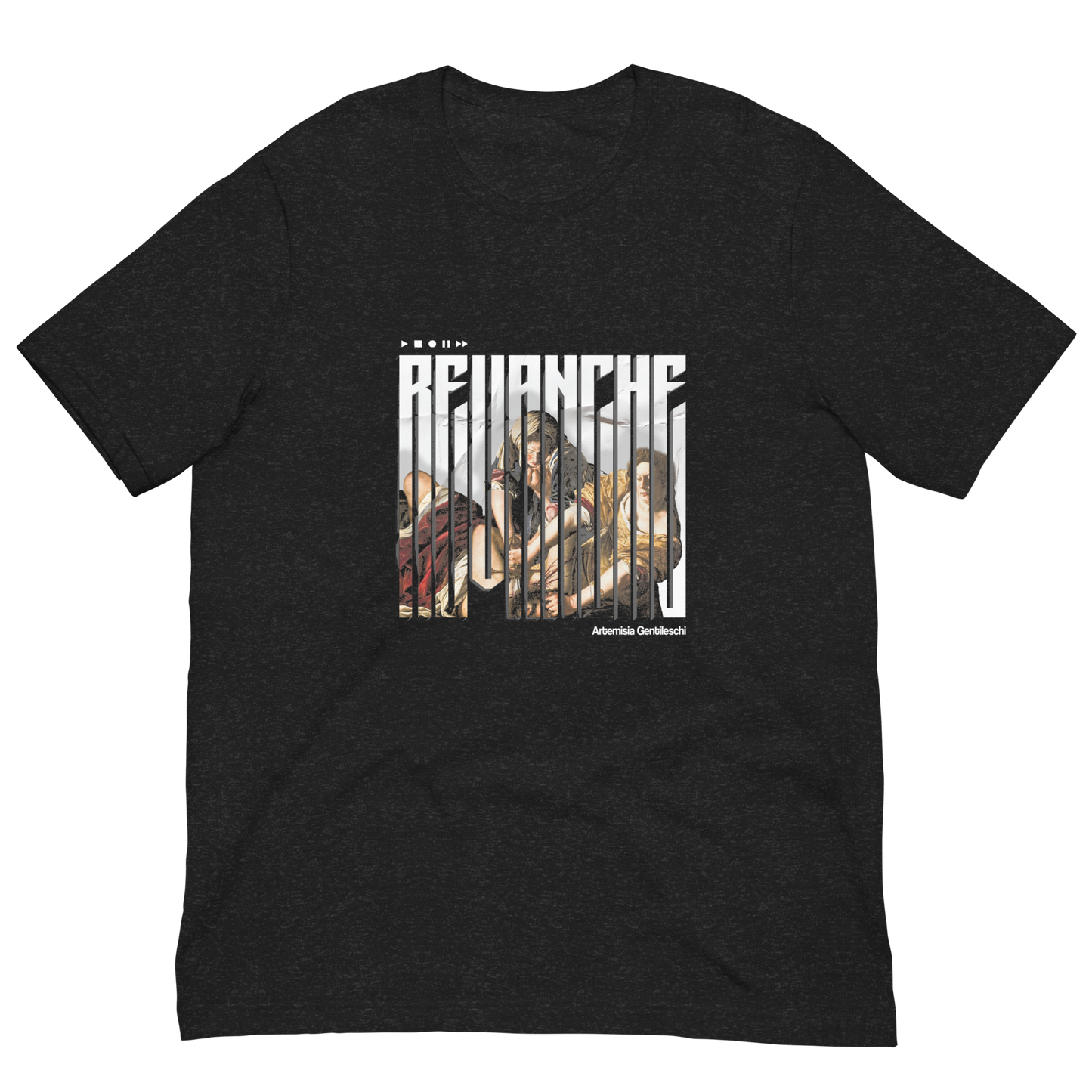 T-shirt noir heather Revenge recto-Inspiré du tableau d'Artemisia Gentileschi – Streetwear baroque brutaliste histoire féministe – Artwork Renaissance moderne – Designed by G-mag – PTN* de t-shirt