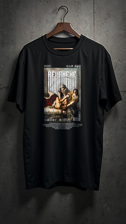  T-shirt noir REVANCHE inspiré du tableau d’Artemisia Gentileschi vu de face avec graphic imprimé sur le devant, ambiance cinématographique, style streetwear vintage