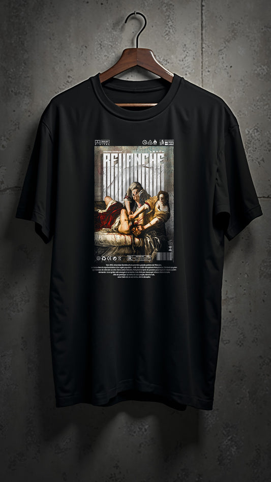  T-shirt noir REVANCHE inspiré du tableau d’Artemisia Gentileschi vu de face avec graphic imprimé sur le devant, ambiance cinématographique, style streetwear vintage