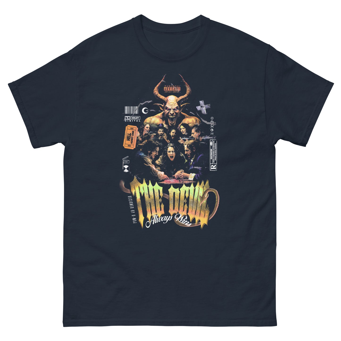 T-shirt bleu navy The Devil Always Wins – design graphique vintage démon, vue de face, heavy metal