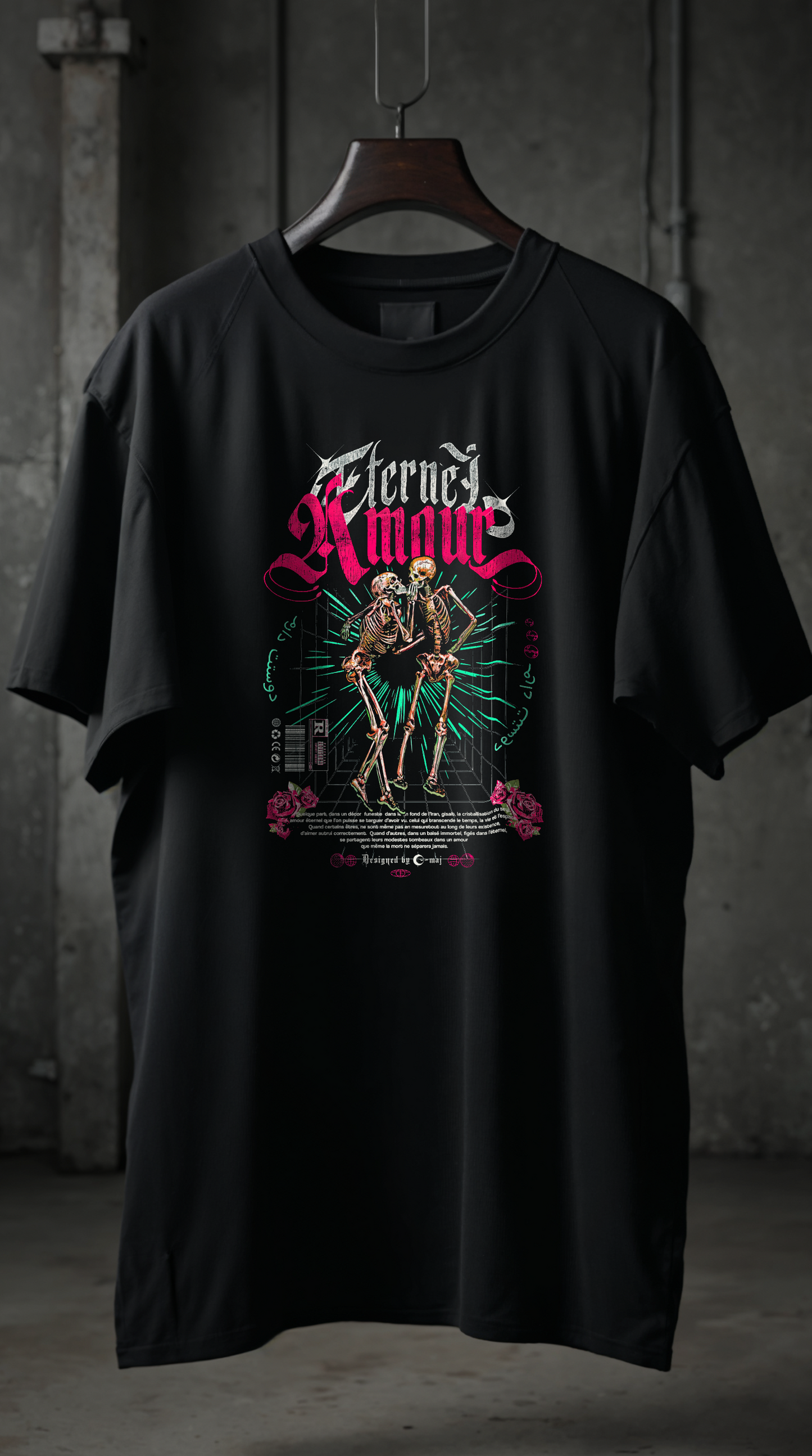 T-shirt noir oversize AMOUR ETERNEL PINK - deux squelettes enlacés, design gothique romantique rose, coton biologique streetwear G-MAJ