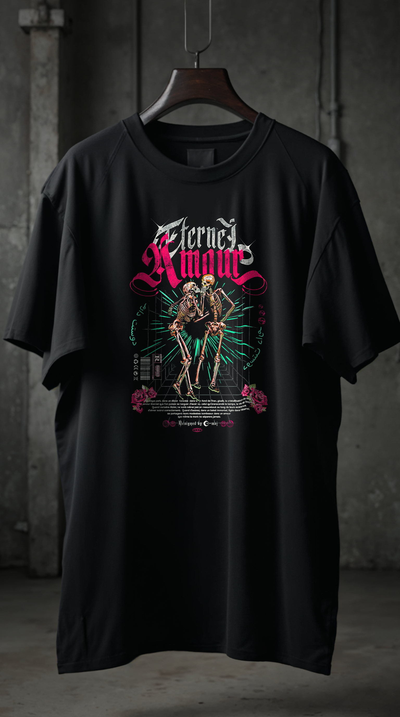 T-shirt noir oversize AMOUR ETERNEL PINK - deux squelettes enlacés, design gothique romantique rose, coton biologique streetwear G-MAJ