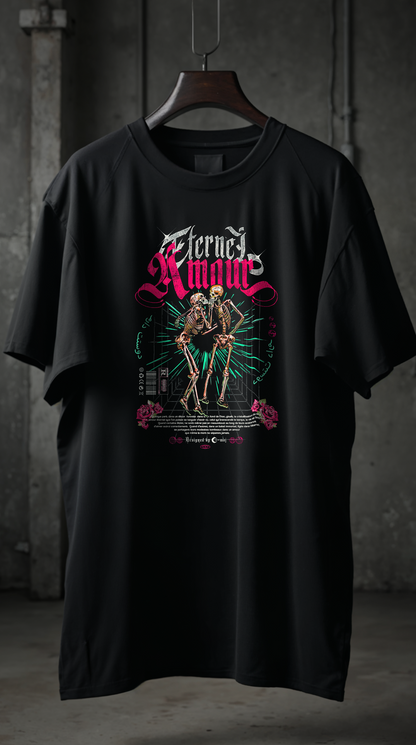 T-shirt noir oversize AMOUR ETERNEL PINK - deux squelettes enlacés, design gothique romantique rose, coton biologique streetwear G-MAJ