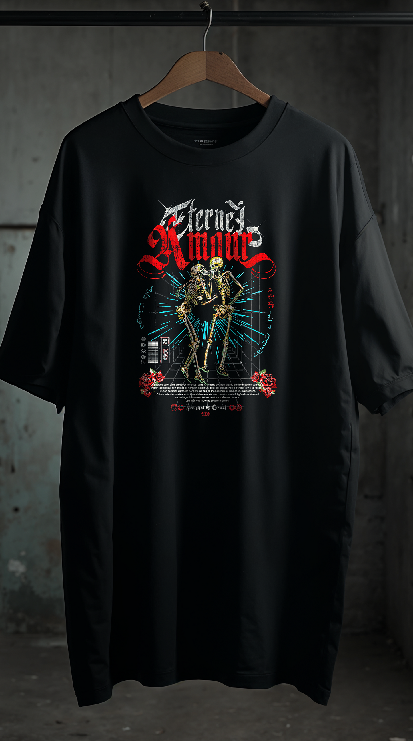 T-shirt noir oversize AMOUR ETERNEL RED - deux squelettes enlacés design gothique rouge typographie vintage, coton biologique G-MAJ