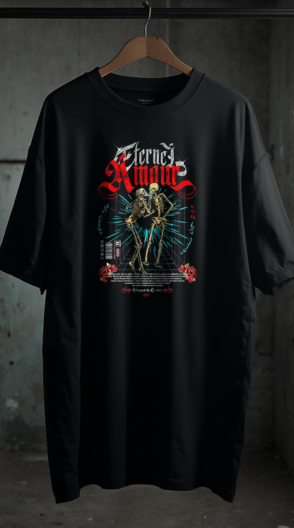 T-shirt noir oversize AMOUR ETERNEL RED - deux squelettes enlacés design gothique rouge typographie vintage, coton biologique G-MAJ