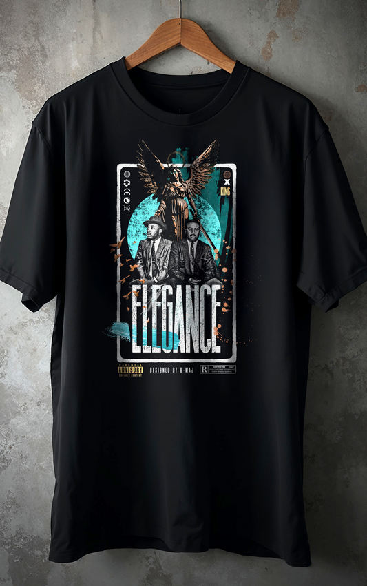 T-shirt oversize noir ELEGANCE BLUE avec design artistique streetwear - figures élégantes et ange aux ailes déployées - PTN* DE T-SHIRT by G-MAJ