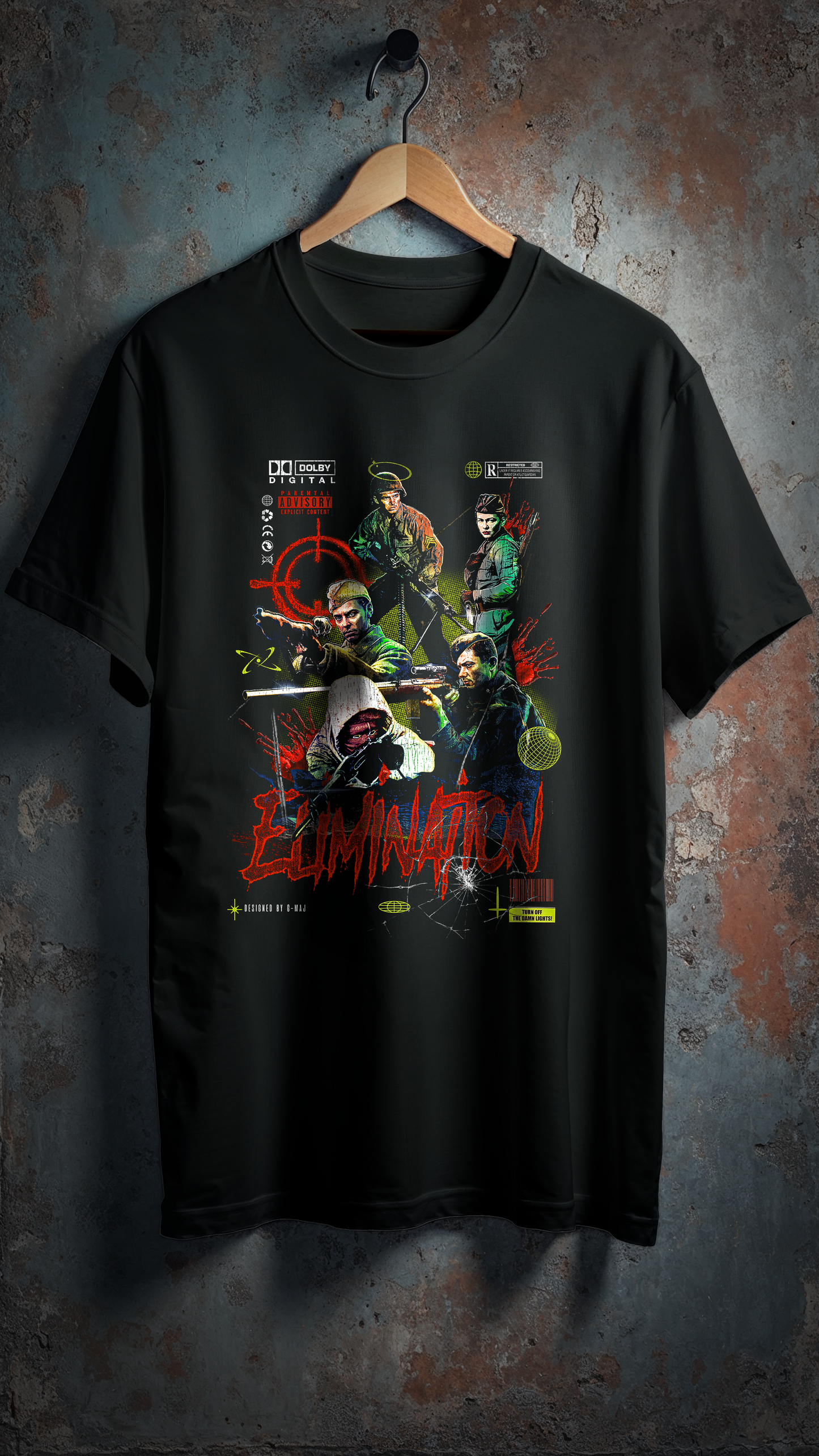 T-shirt oversize noir ELIMINATION avec design graphique streetwear - héros d'action rouge et vert - PTN* DE T-SHIRT by G-MAJ