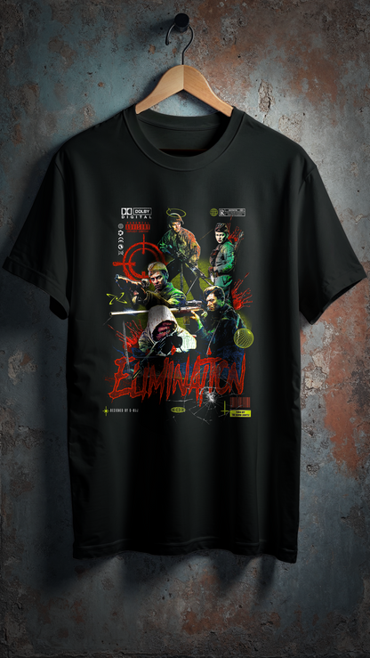 T-shirt oversize noir ELIMINATION avec design graphique streetwear - héros d'action rouge et vert - PTN* DE T-SHIRT by G-MAJ