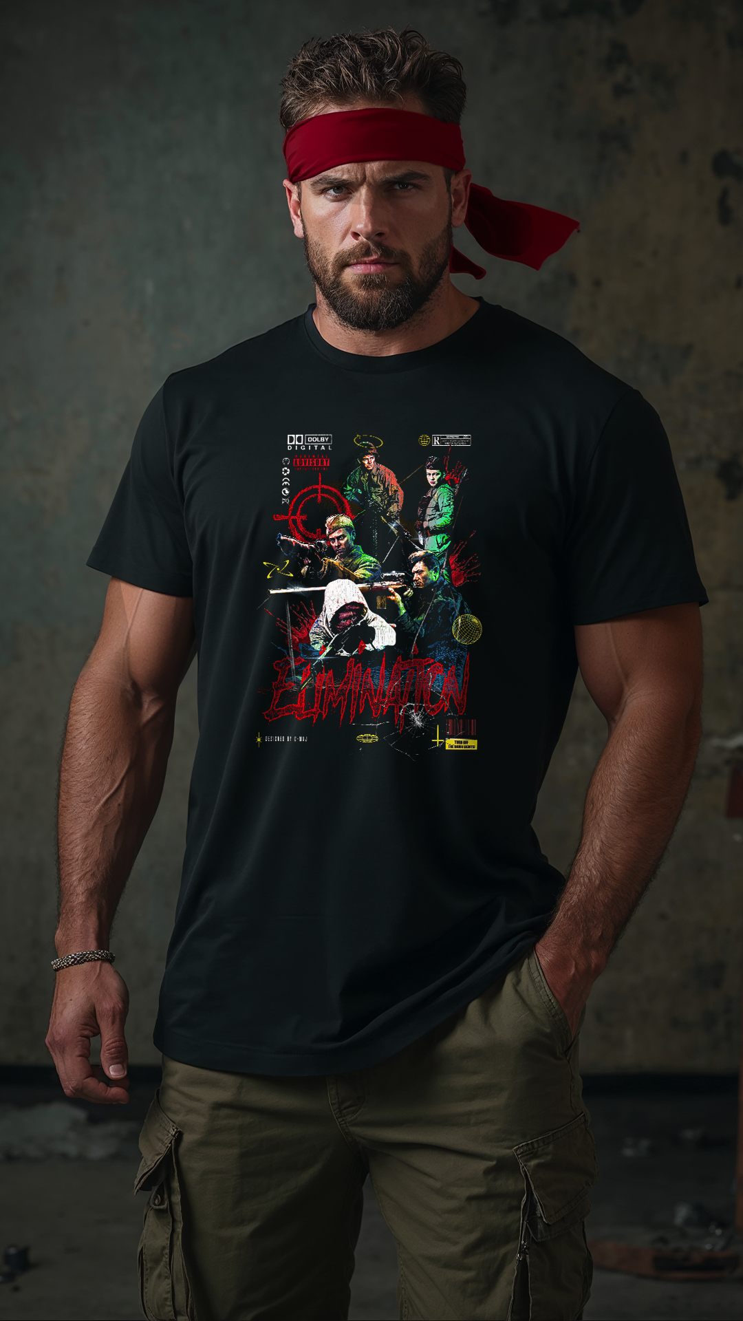 Homme avec bandeau rouge style guerrier portant le t-shirt oversize noir ELIMINATION - design streetwear militaire - PTN* DE T-SHIRT by G-MAJ