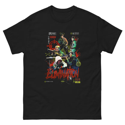 T-shirt unisexe noir ELIMINATION - design graphique streetwear militaire rouge vue de face - PTN* DE T-SHIRT by G-MAJ