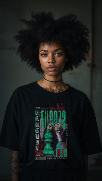 Femme aux cheveux afro portant le t-shirt oversize noir FUERZA GREEN - design streetwear Uruguay - PTN* DE T-SHIRT by G-MAJ