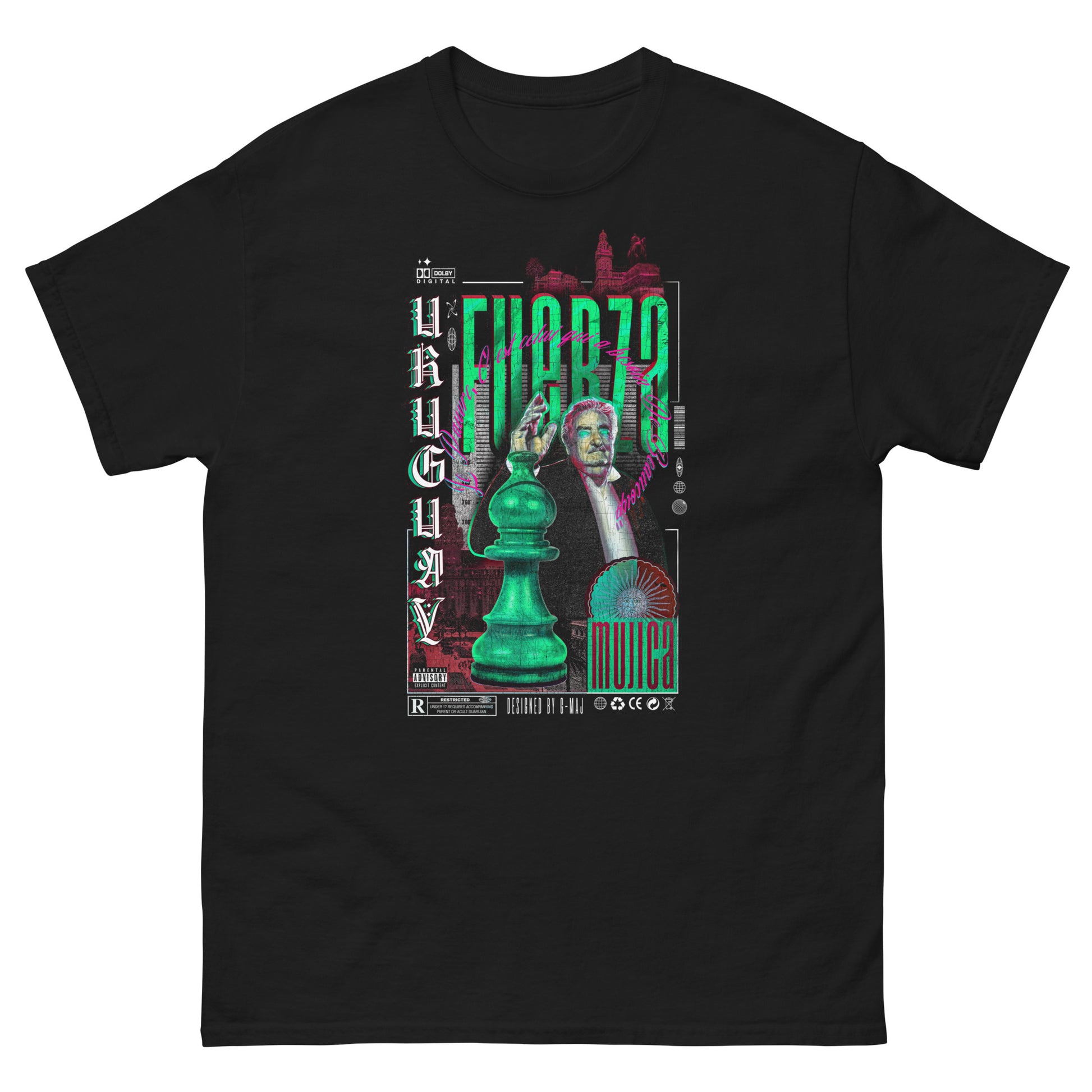 T-shirt unisexe noir FUERZA GREEN - design graphique streetwear Uruguay Mujica vue de face - PTN* DE T-SHIRT by G-MAJ