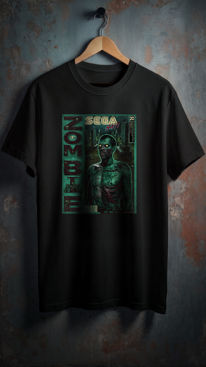 T-shirt noir oversize zombi vert design brutaliste un visuel zombi  sur cintre coton biologique PTN DE T-SHIRT vert dans le style retro sega jeux video