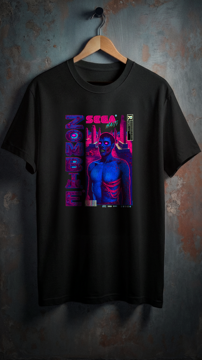 T-shirt noir oversize zombi rose design brutaliste un visuel zombi  sur cintre coton biologique PTN DE T-SHIRT bleu et rose dans le style retro sega jeux video
