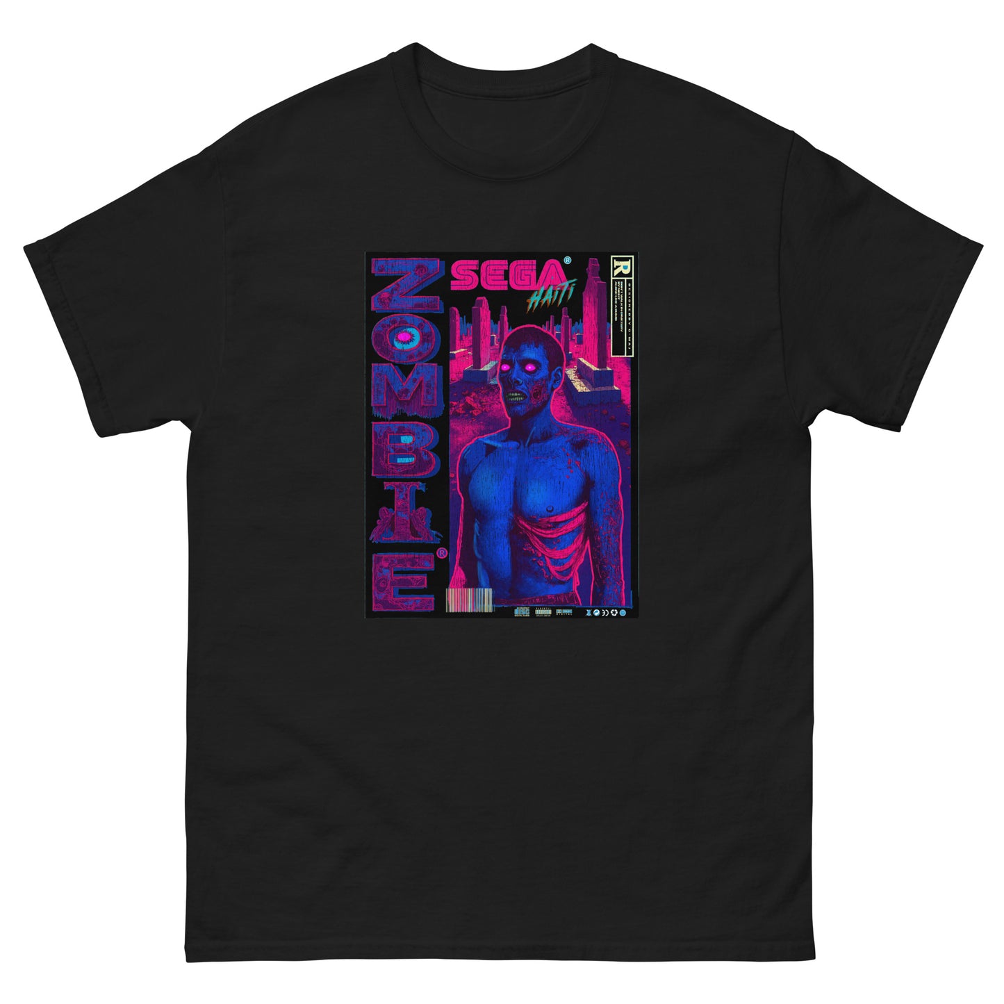 T-shirt noir de face sur fond blanc Illustration style rétro gaming inspirée des boîtes Sega : un zombie torse nu aux yeux roses lumineux, éclairé en néon bleu et rose, sur fond urbain sombre. Le mot ZOMBIE s'affiche verticalement à gauche, avec le logo SEGA HAÏTI en haut au centre.