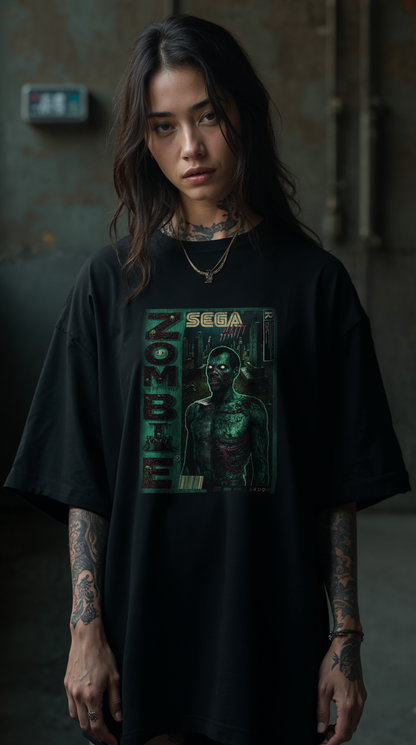 femme portant T-shirt noir oversize zombi vert design brutaliste un visuel zombi sur coton biologique PTN DE T-SHIRT vert et jaune dans le style retro sega jeux video