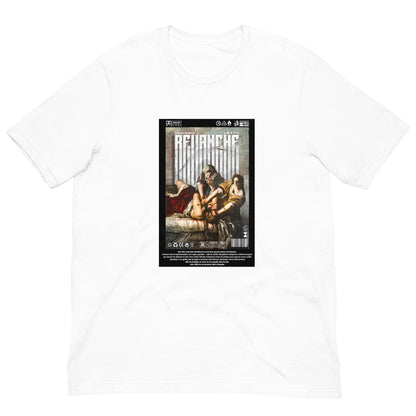 Mockup du t-shirt REVANCHE blanc avec imprimé graphique, vue de face sur fond blanc