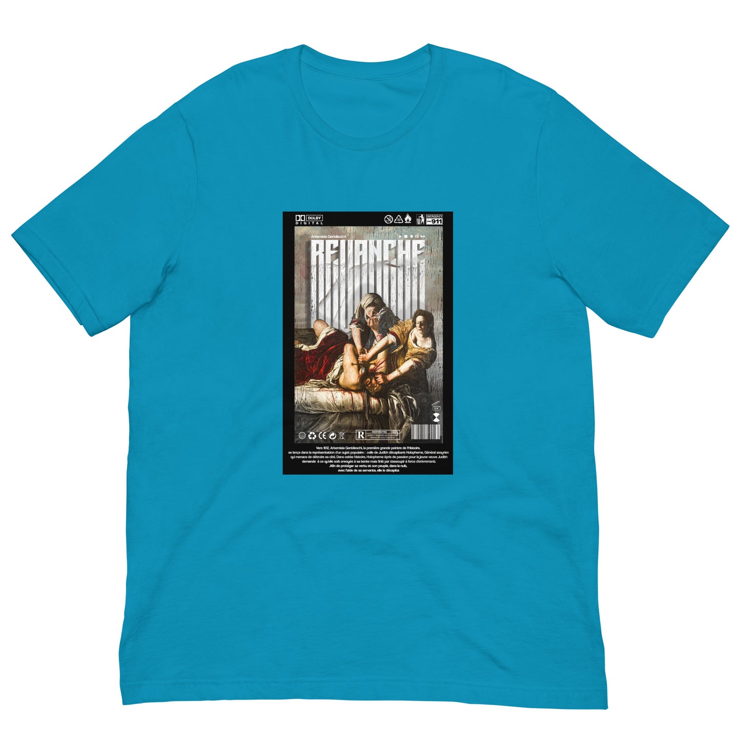 Mockup du t-shirt REVANCHE bleu aqua avec imprimé graphique, vue de face sur fond blanc