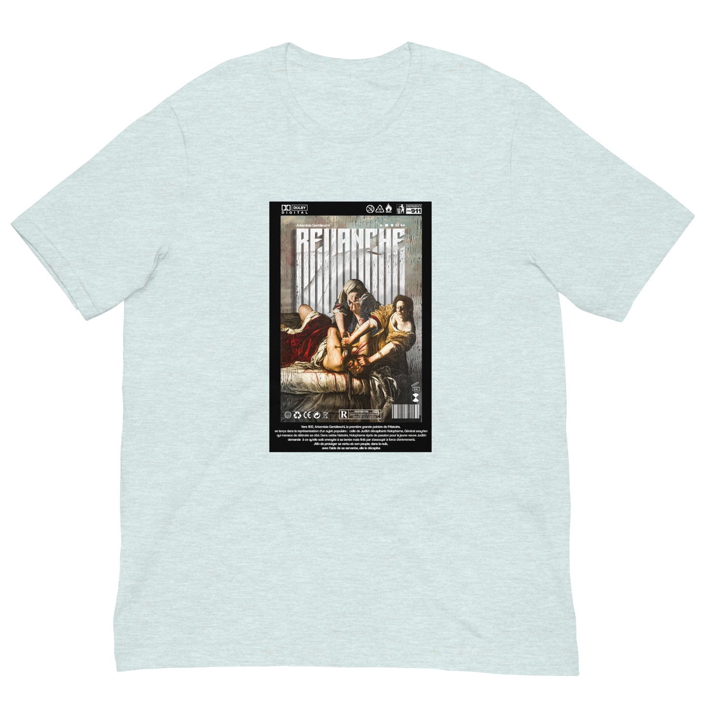 Mockup du t-shirt REVANCHE bleu glace avec imprimé graphique, vue de face sur fond blanc