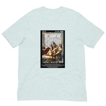Mockup du t-shirt REVANCHE bleu glace avec imprimé graphique, vue de face sur fond blanc
