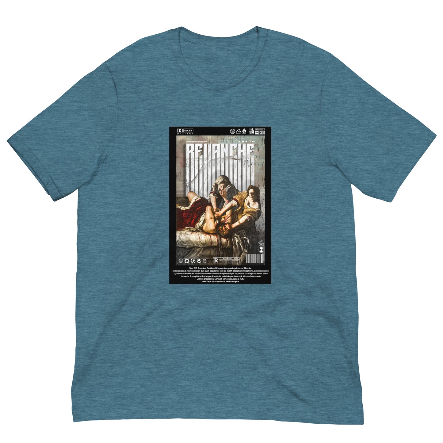 Mockup du t-shirt REVANCHE bleu sarcelle avec imprimé graphique, vue de face sur fond blanc