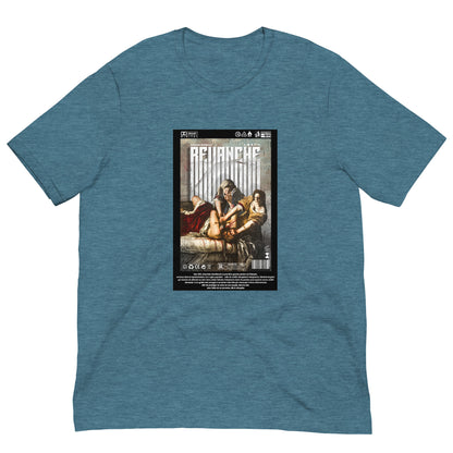 Mockup du t-shirt REVANCHE bleu sarcelle avec imprimé graphique, vue de face sur fond blanc