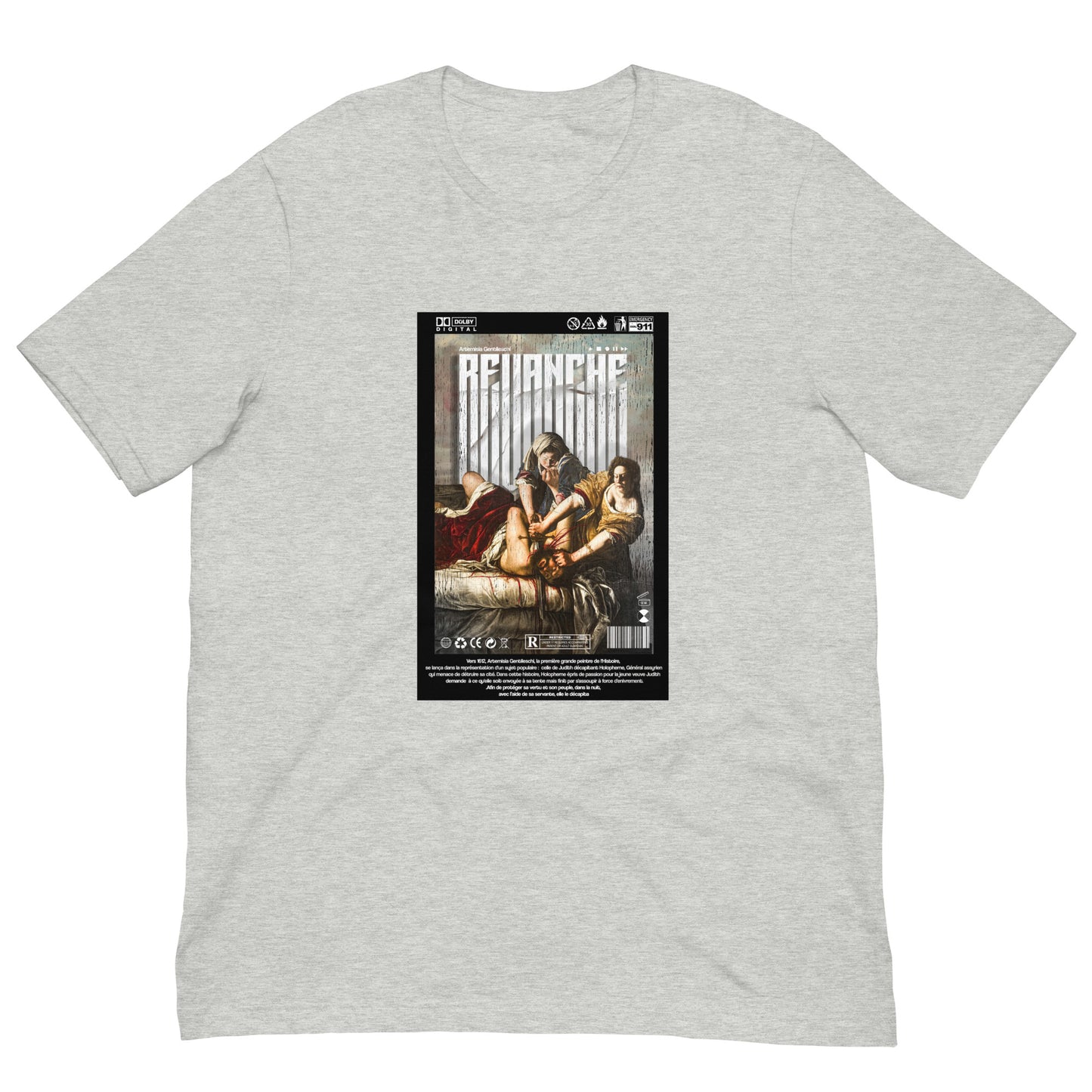 Mockup du t-shirt REVANCHE gris chiné avec imprimé graphique, vue de face sur fond blanc