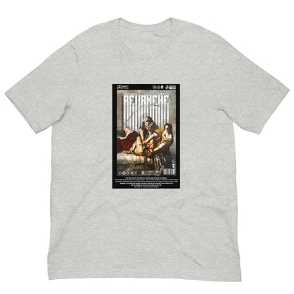 Mockup du t-shirt REVANCHE gris chiné avec imprimé graphique, vue de face sur fond blanc