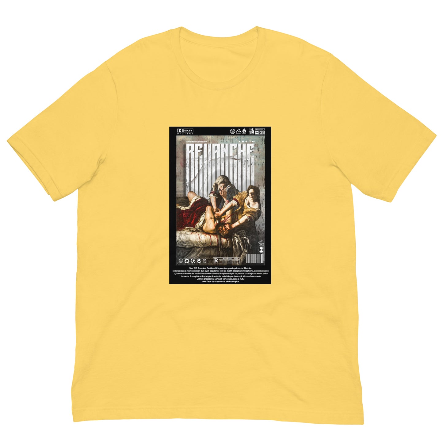 Mockup du t-shirt REVANCHE jaune avec imprimé graphique, vue de face sur fond blanc