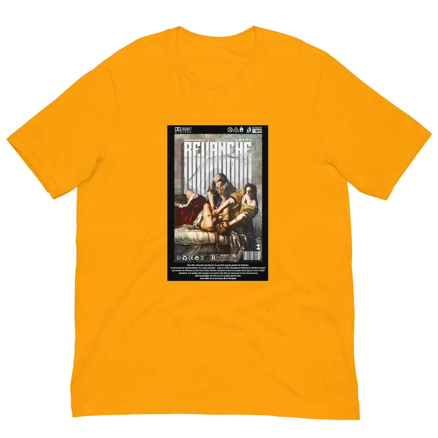 Mockup du t-shirt REVANCHE or avec imprimé graphique, vue de face sur fond blanc
