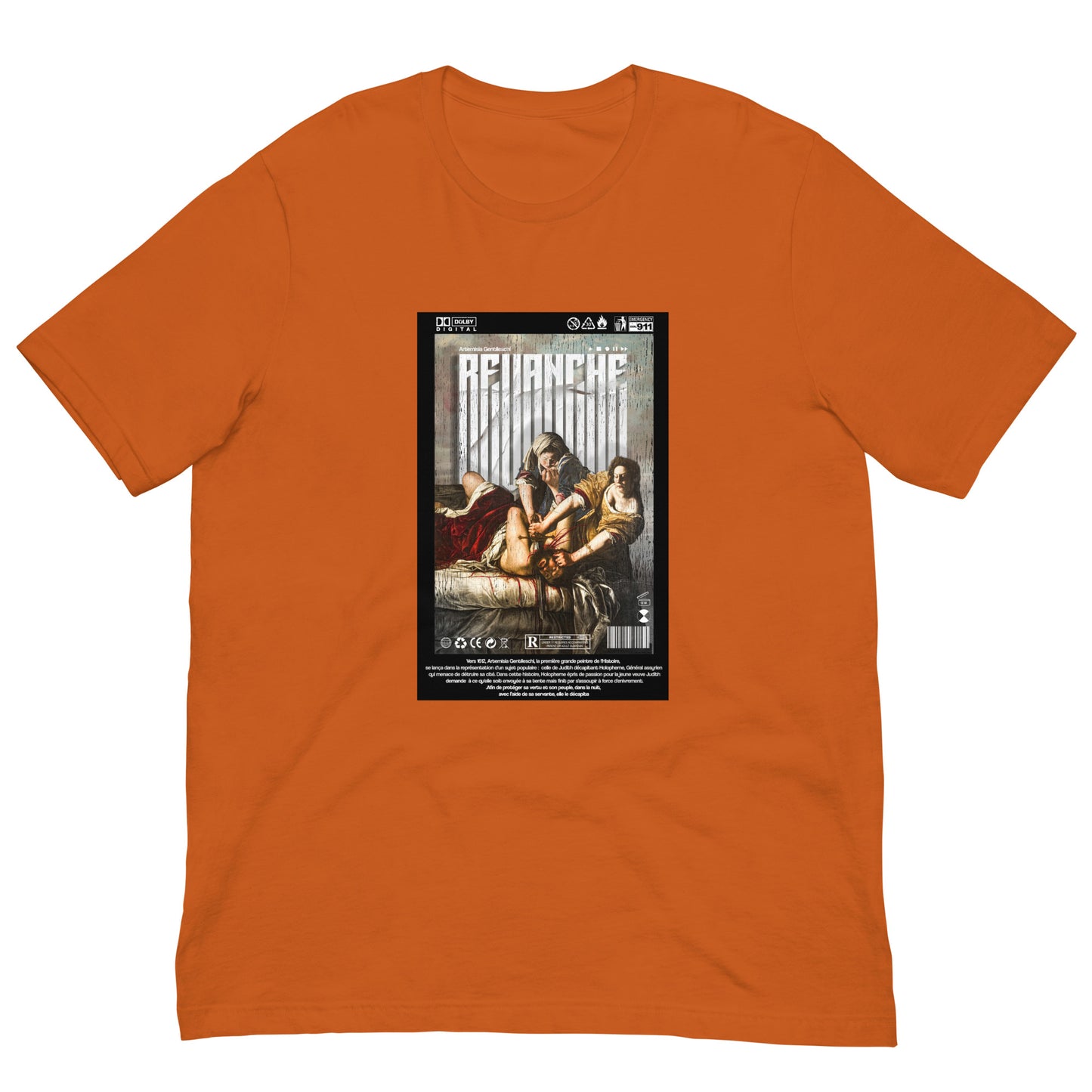 Mockup du t-shirt REVANCHE orange avec imprimé graphique, vue de face sur fond blanc