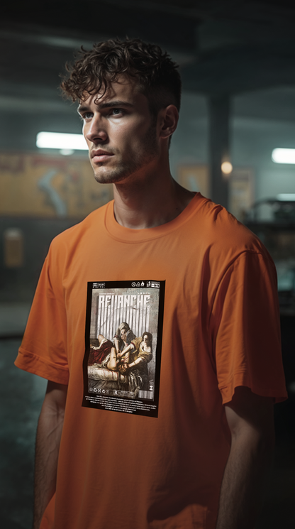 Homme portant le t-shirt REVANCHE orange oversize avec imprimé graphique, vue de face