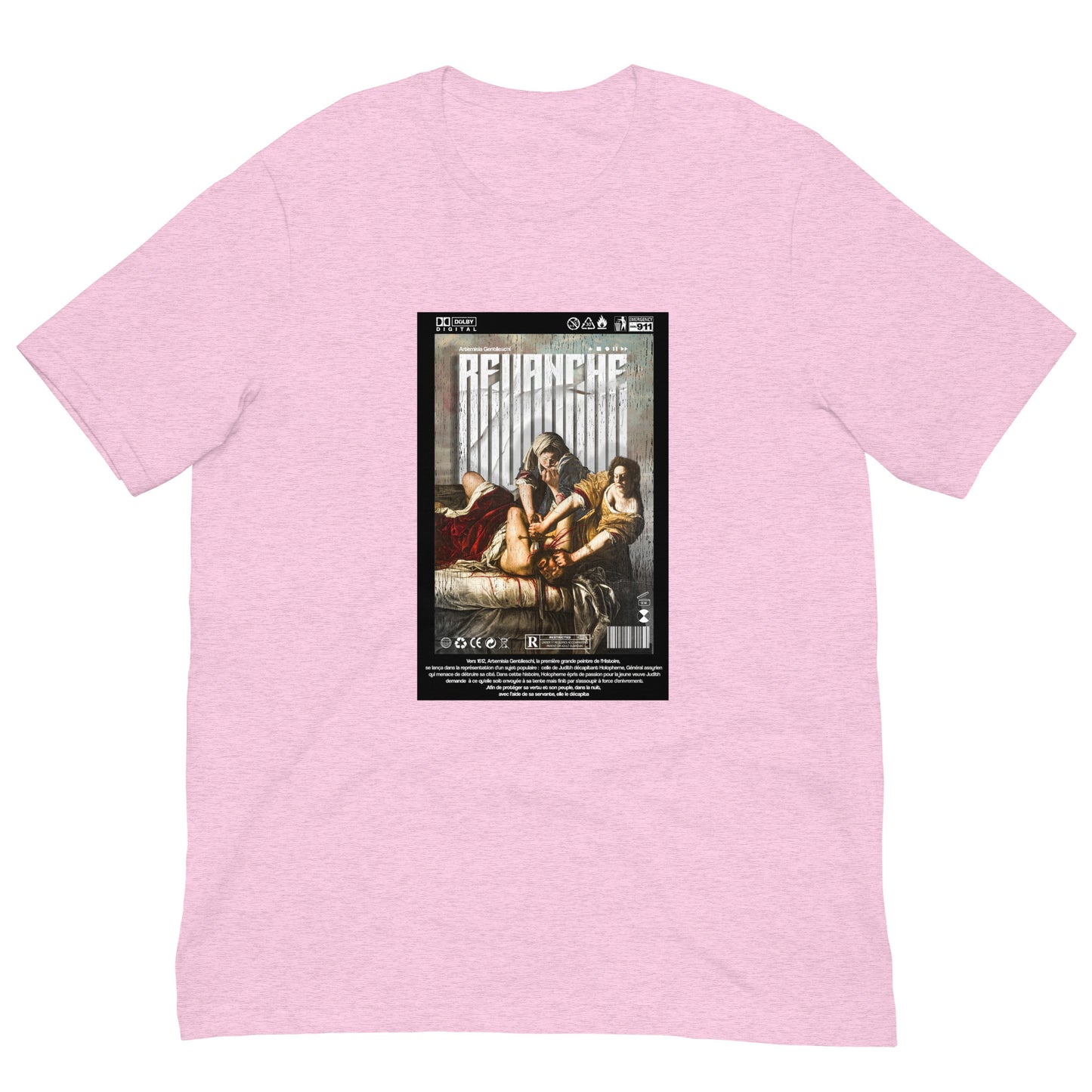 Mockup du t-shirt REVANCHE rose lilas avec imprimé graphique, vue de face sur fond blanc