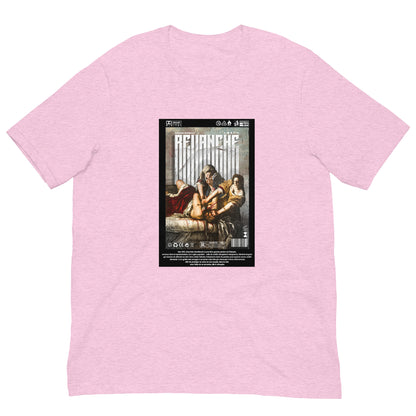 Mockup du t-shirt REVANCHE rose lilas avec imprimé graphique, vue de face sur fond blanc