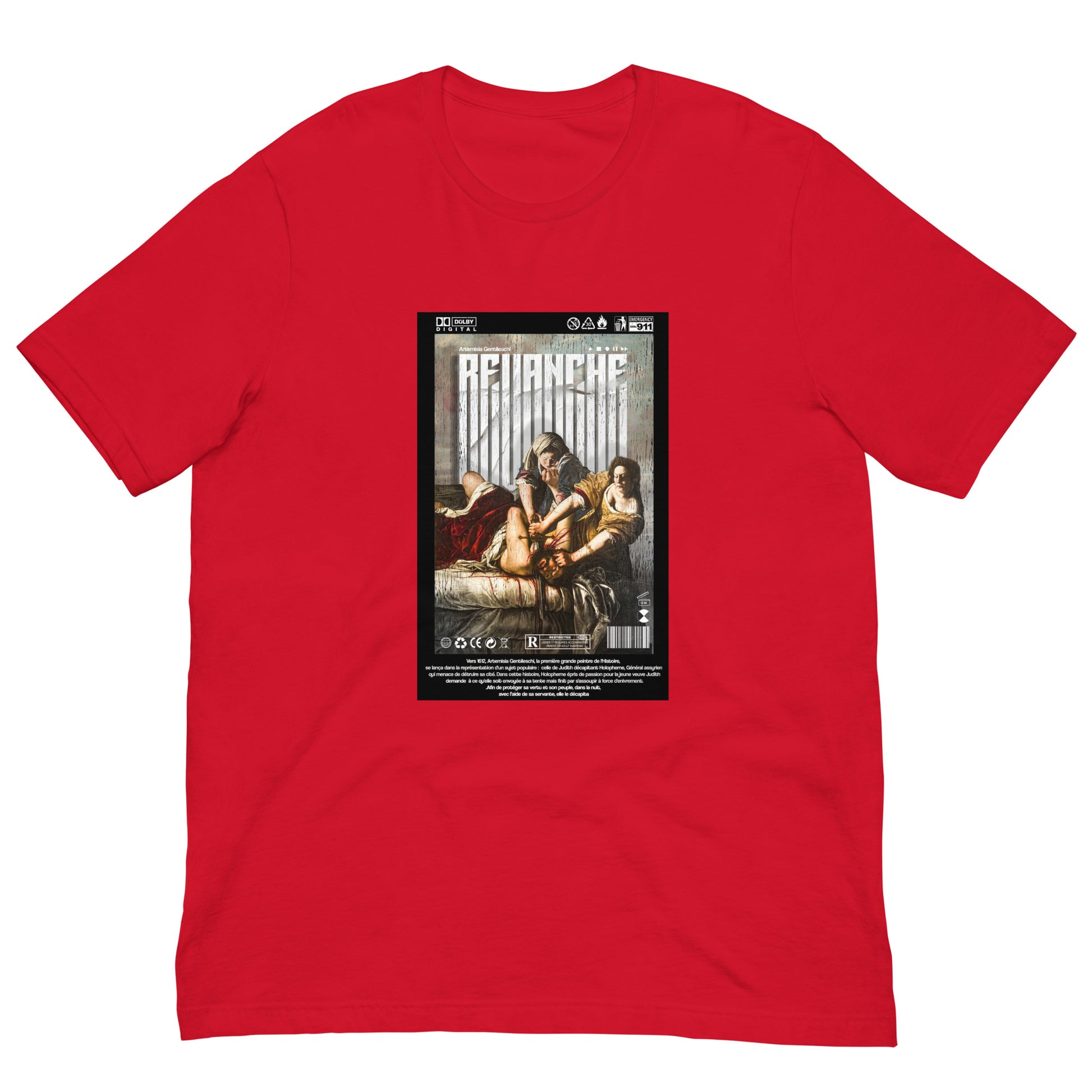 Mockup du t-shirt REVANCHE rouge avec imprimé graphique, vue de face sur fond blanc